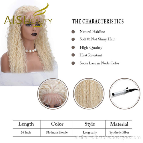 Aisi Beauty Top Quality Vendor Long Wavy 13x6 Kinky Curly 613 Blonde Swiss Lace Synthetic Hair For Black Women Lace Front Wig